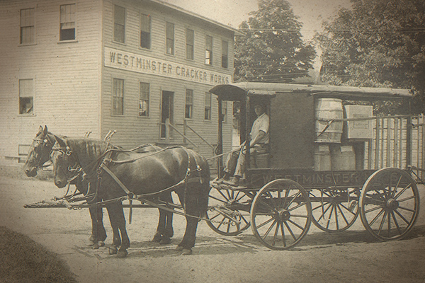 Westminster historical image of factory in Vermont with horse & buggy in front