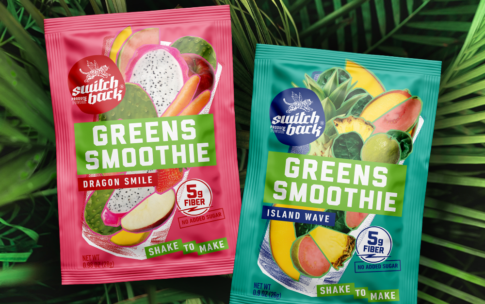 Two pouches sit on leaves. New flavors of Switchback Greens Smoothies launching Q2 of 2026.